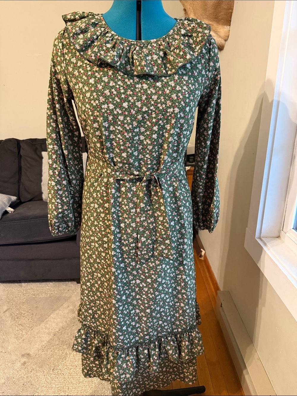 SHEIN Green Floral Ruffle-Hem Long Sleeve Tie-Waist Dress